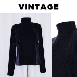 Vintage 90s Liz Claiborne Black Velvet Mockneck Top Sz S